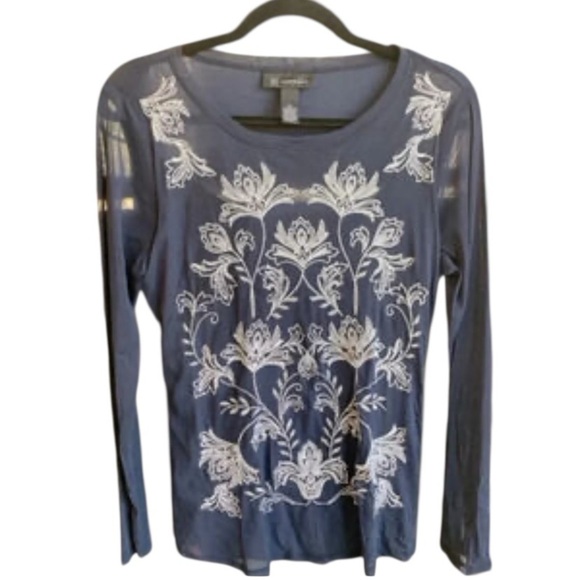 INC international concepts Y2k blue floral sheer mesh embroidered top - Picture 1 of 8